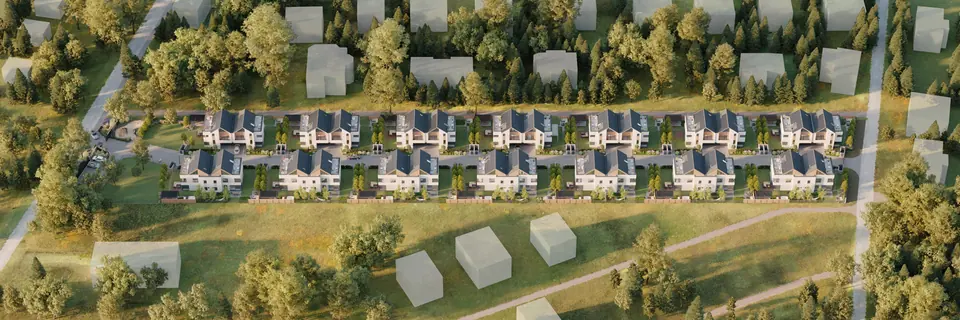 Aerial visualisation of the Borowiecka Park estate – semi-detached houses amid greenery
