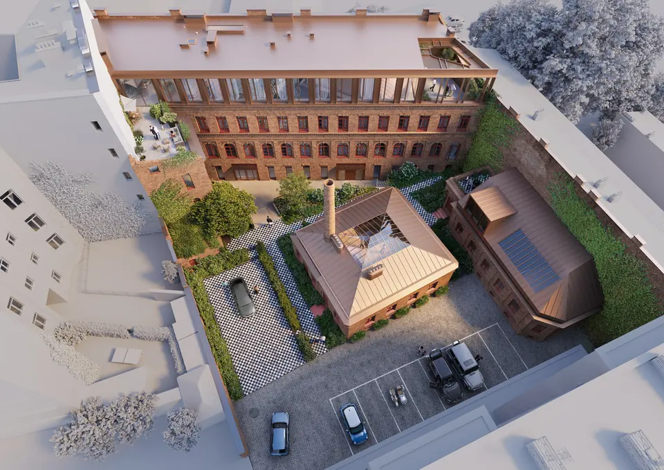 Aerial visualisation of Cukry Praga – courtyard and restored buildings of the former factory