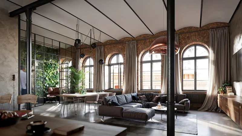 Visualisation of a loft at Cukry Praga – a spacious interior with arched industrial windows