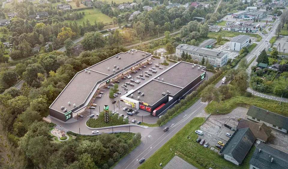 Aerial visualisation of the Viva Park Cieszyn retail park