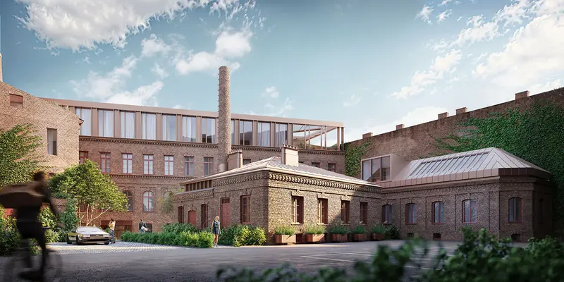 Visualisation of Cukry Praga – the restored brick buildings of the former factory