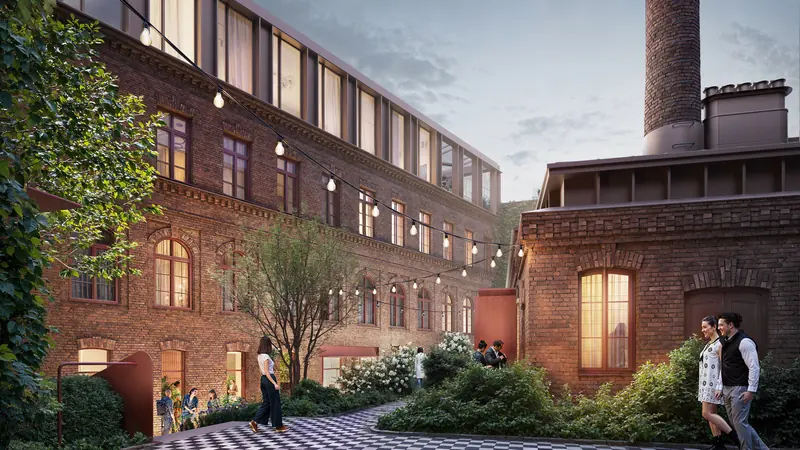 Visualisation of Cukry Praga – the brick courtyard of the former factory with its chimney