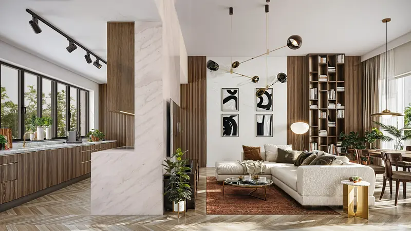 Visualisation of an apartment interior – living room with dining area