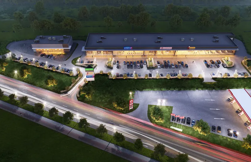 Aerial night-time visualisation of the Viva Park Rzeszów retail park