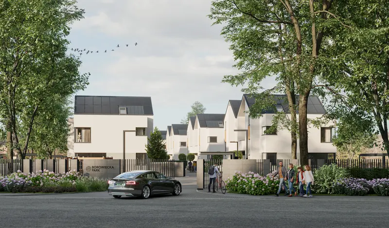 Visualisation of an estate of semi-detached houses amid greenery