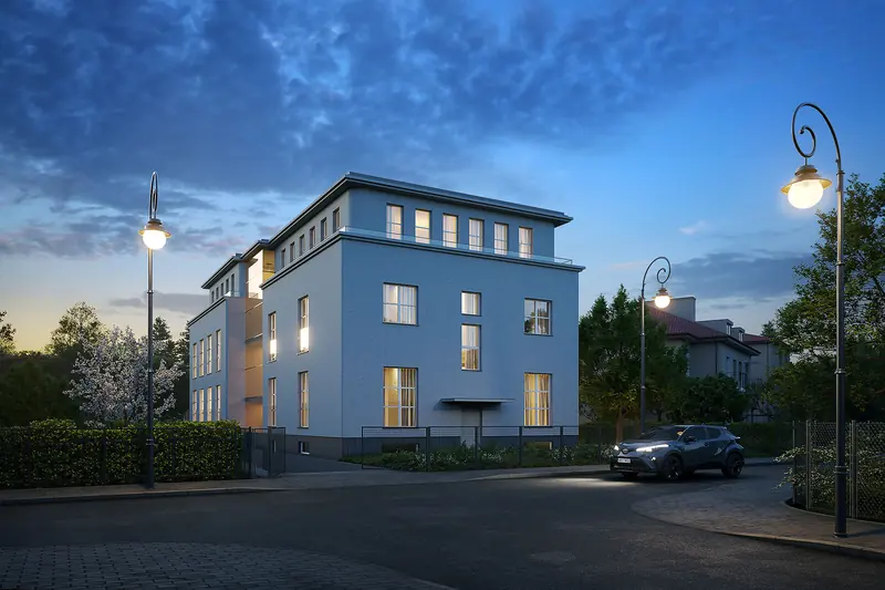 Visualisation of the M12 Residence villa at dusk
