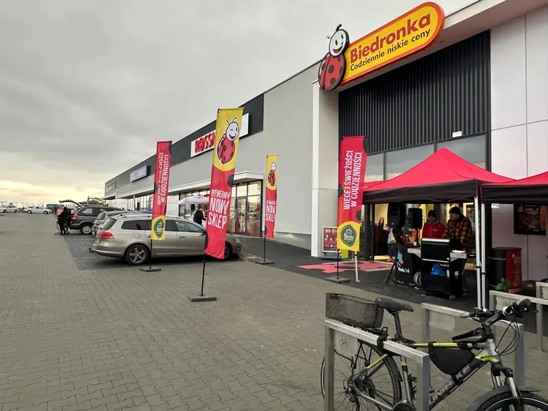 Promotional tent in front of the Biedronka store on the opening day