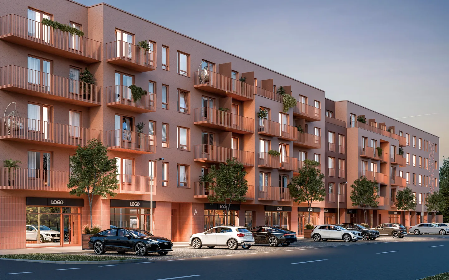 Visualisation of a residential building with balconies and commercial units on ul. Wróblewskiego in warm sunset light