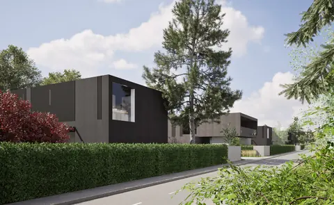 Visualisation of the modern houses of the Konessence estate surrounded by greenery
