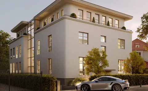 Visualisation of the M12 Residence building at dusk, with rooftop terraces