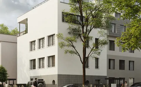 Visualisation of the Saska Corner building on a corner plot among trees