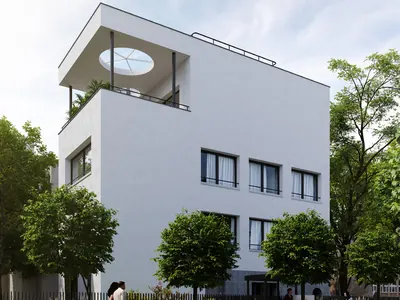 White building volume with a roof terrace