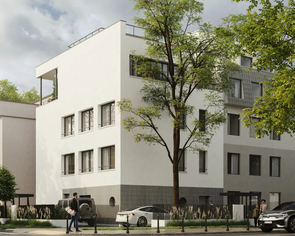 Visualisation of the Saska Corner building on a corner plot among trees