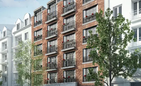 Visualisation of a brick multi-family building with balconies on ul. Stalowa