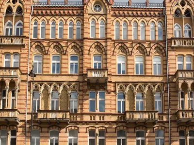 Neo-Gothic façade of the tenement building at Aleje Ujazdowskie 22