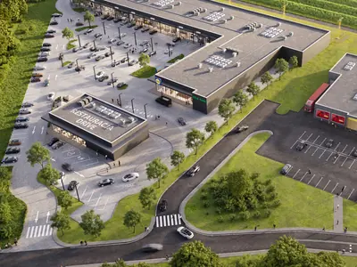 Aerial visualisation of the Viva Park Rzeszów-Jasionka retail park