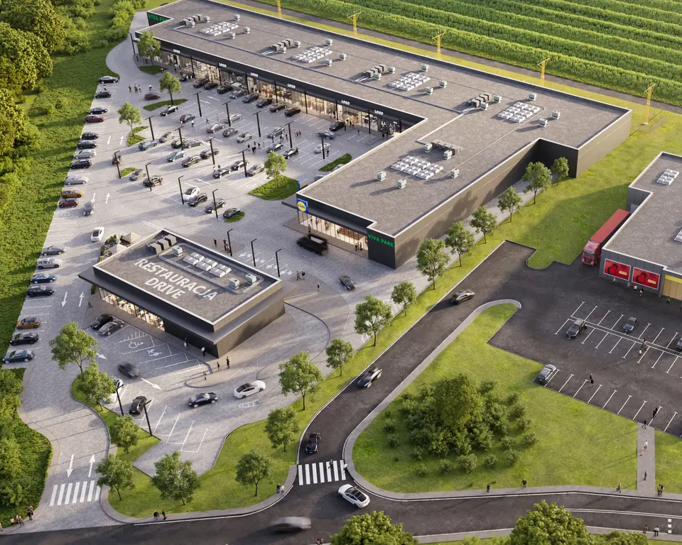 Aerial visualisation of the Viva Park Rzeszów-Jasionka retail park
