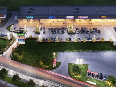 Nocna wizualizacja parku handlowego Viva Park Rzeszów z lotu ptaka