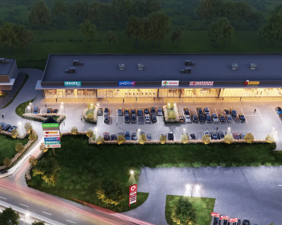 Nocna wizualizacja parku handlowego Viva Park Rzeszów z lotu ptaka