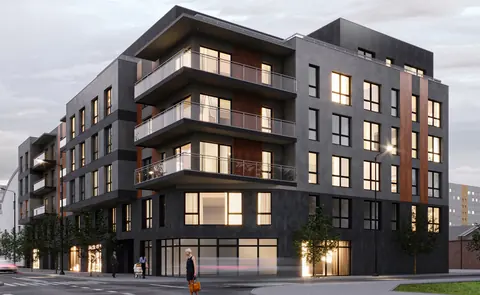 Visualisation of a corner residential and commercial building on ul. Wierzbowa in Łódź