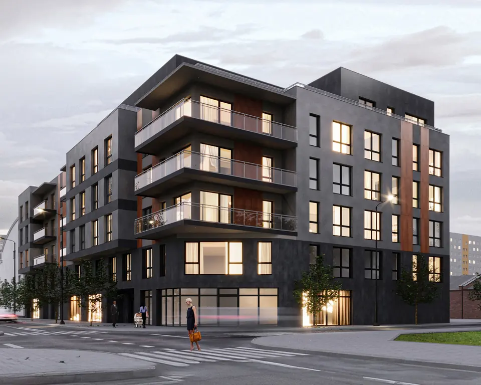 Visualisation of a corner residential and commercial building on ul. Wierzbowa in Łódź