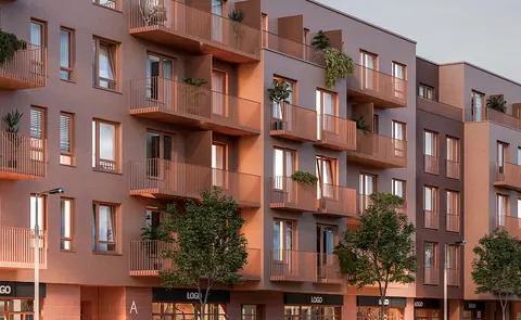 Visualisation of a residential building with balconies and ground-floor commercial units at ul. Wróblewskiego 1 in Łódź