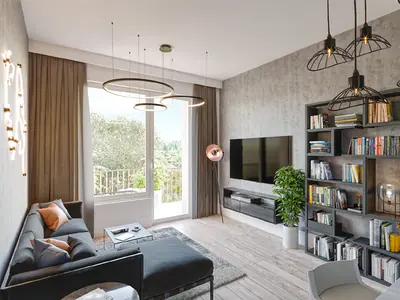 Living room with a bookcase and a large window