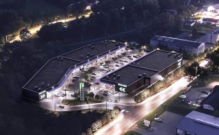 Nocna wizualizacja parku handlowego Viva Park Cieszyn od strony parkingu