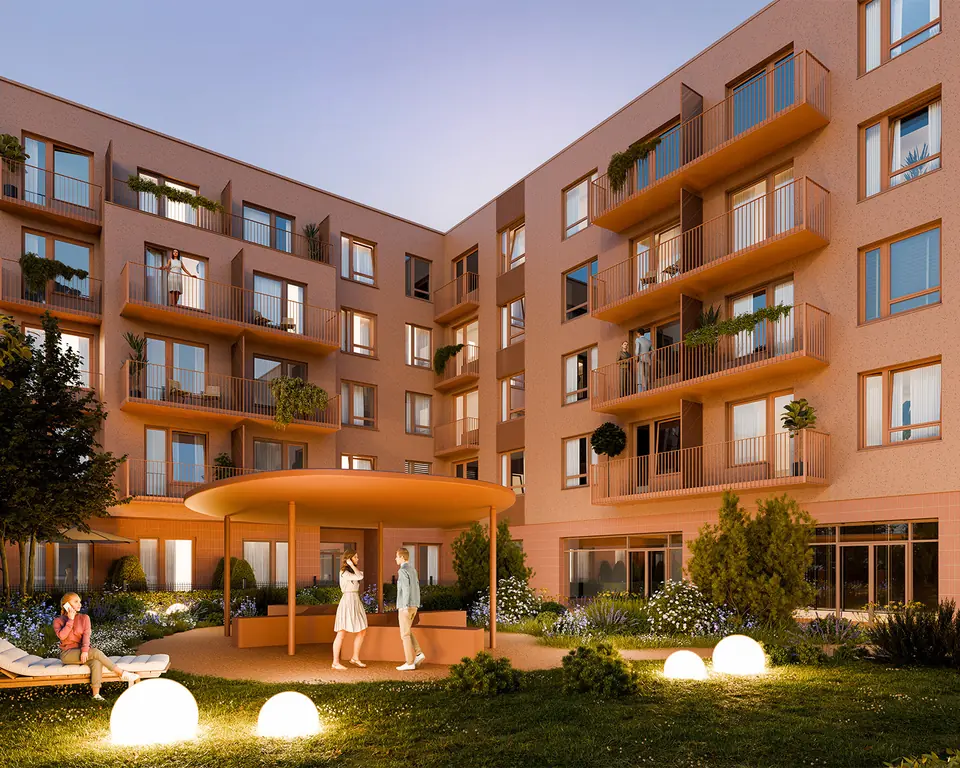Visualisation of a residential building with balconies and ground-floor commercial units at ul. Wróblewskiego 1 in Łódź